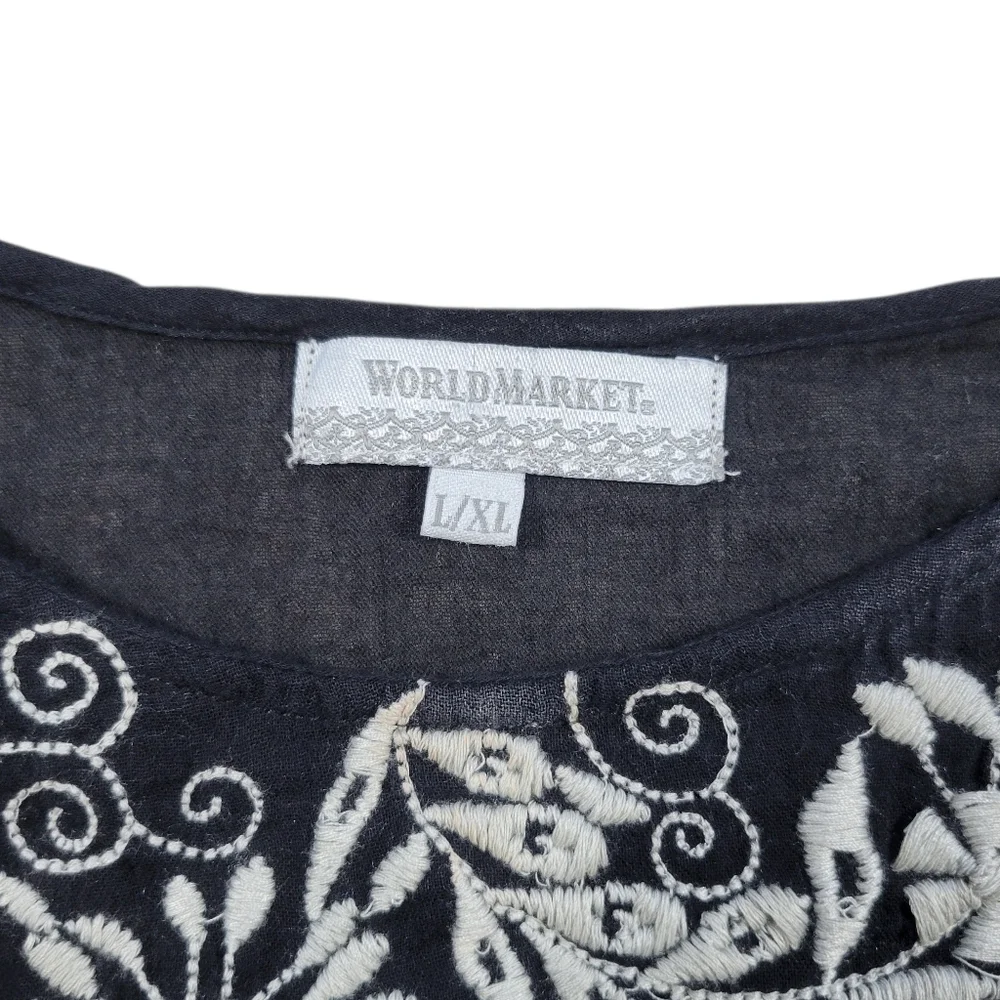 World Market Tunic Top Womens L/XL Black Embroidered Sheer Fairy Boho Indie Folk - Picture 3 of 10
